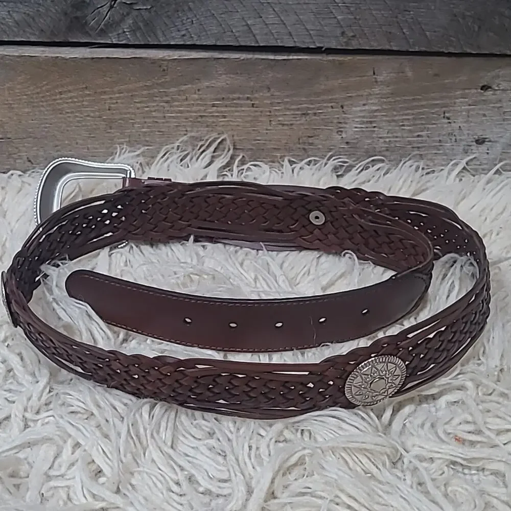 Vintage leather rodeo concho western belt Brown Weave Silver Medallion XL/44.5